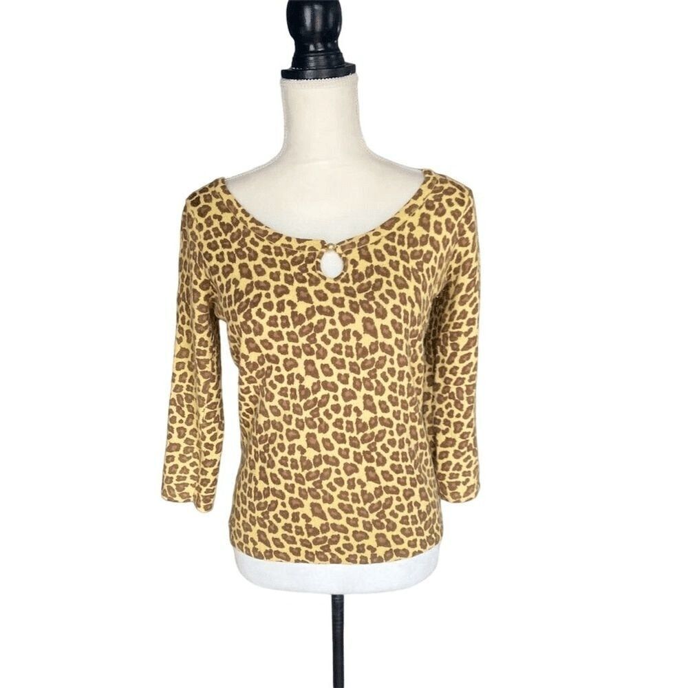 Y2K Laura Ashley Women's Leopard Print 3/4 Sleeve Blouse Size 8 Lambswool Angora